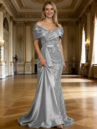 Sheath/Column Off Shoulder Pleated Sequined Satin Evening Dresses with High Split