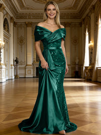 Sheath/Column Off Shoulder Pleated Sequined Satin Evening Dresses with High Split