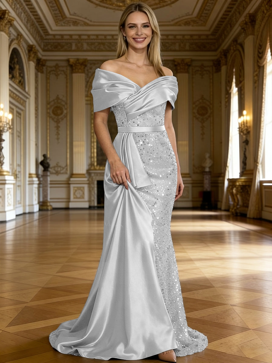 Sheath/Column Off Shoulder Pleated Sequined Satin Evening Dresses with High Split