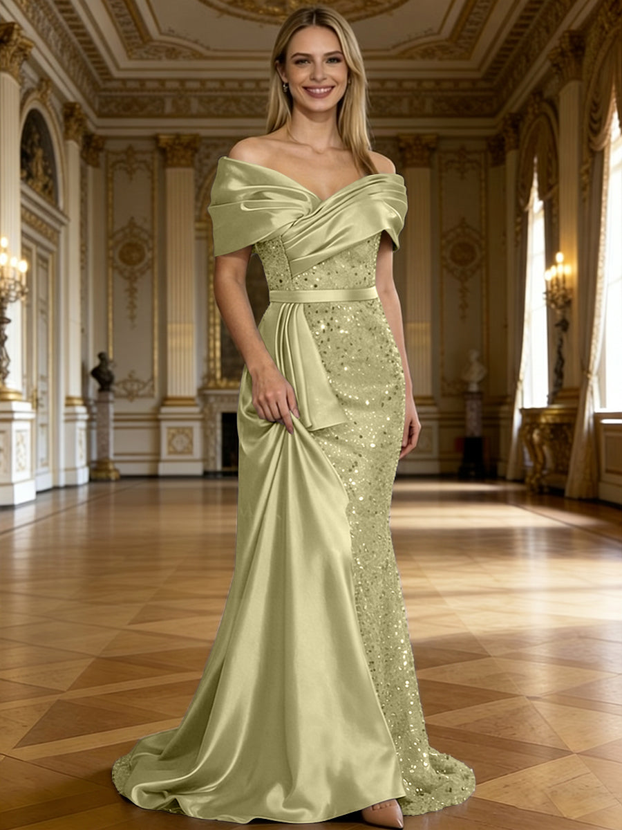 Sheath/Column Off Shoulder Pleated Sequined Satin Evening Dresses with High Split