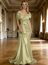 Sheath/Column Off Shoulder Pleated Sequined Satin Evening Dresses with High Split