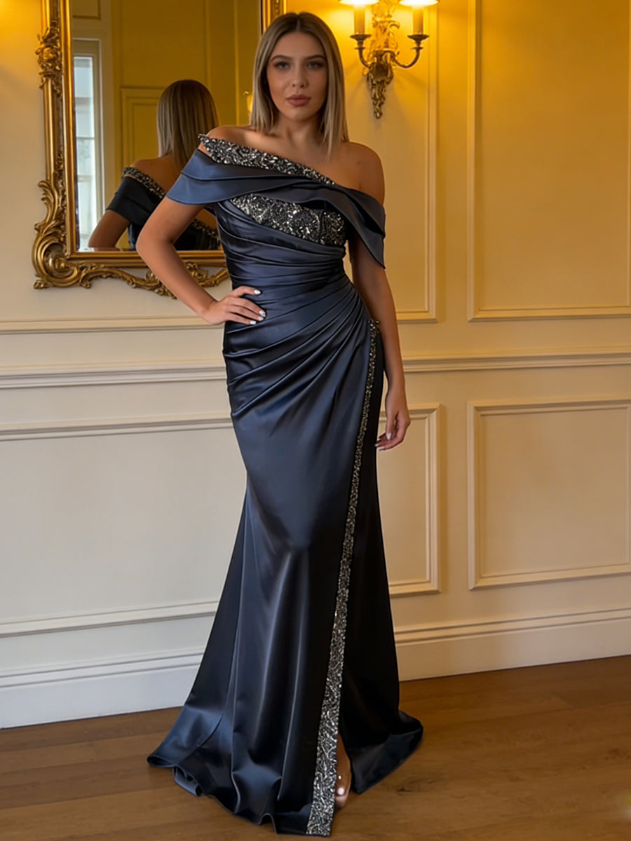 Sheath/Column Off Shoulder Pleated Satin Long Formal Evening Dresses with Rhinestone