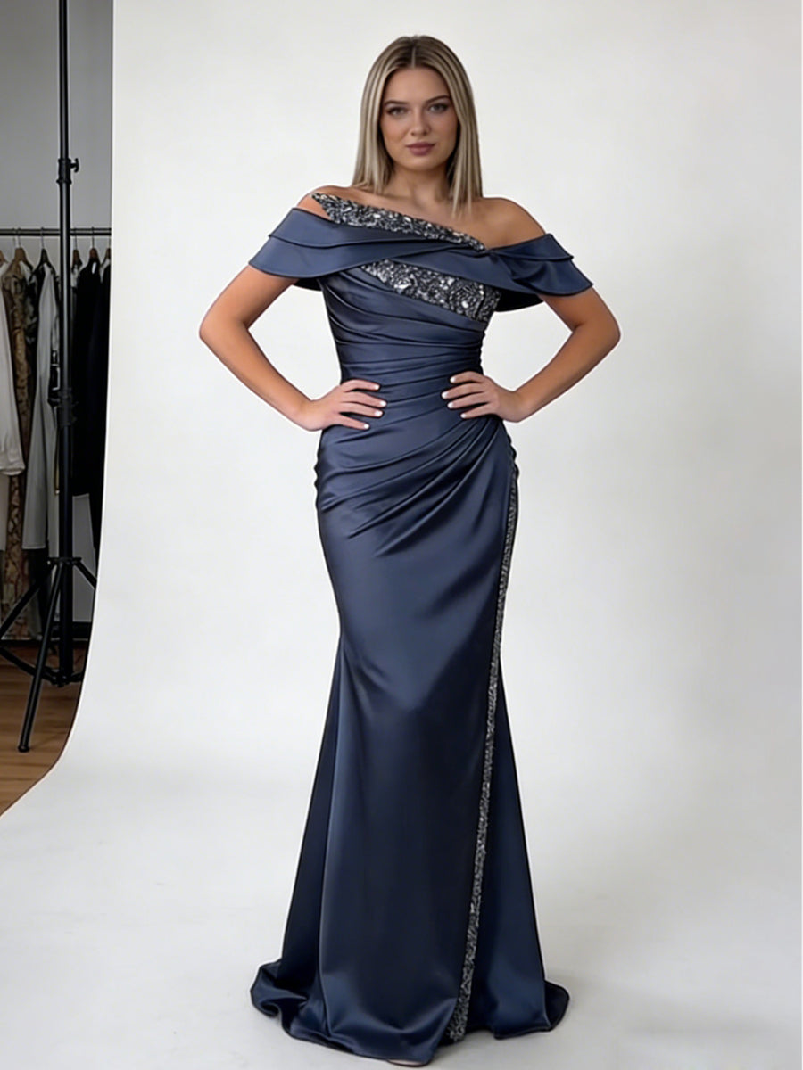 Sheath/Column Off Shoulder Pleated Satin Long Formal Evening Dresses with Rhinestone