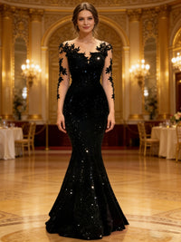 Trumpet/Mermaid V-Neck Illusion Sleeves Sequined Long Evening Dresses with Lace Appliques