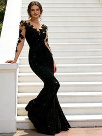 Trumpet/Mermaid V-Neck Illusion Sleeves Sequined Long Evening Dresses with Lace Appliques