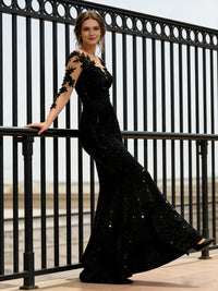 Trumpet/Mermaid V-Neck Illusion Sleeves Sequined Long Evening Dresses with Lace Appliques