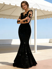 Trumpet/Mermaid V-Neck Illusion Sleeves Sequined Long Evening Dresses with Lace Appliques