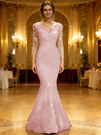 Trumpet/Mermaid V-Neck Illusion Sleeves Sequined Long Evening Dresses with Lace Appliques