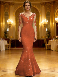 Trumpet/Mermaid V-Neck Illusion Sleeves Sequined Long Evening Dresses with Lace Appliques