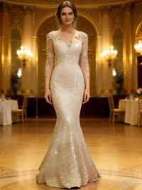 Trumpet/Mermaid V-Neck Illusion Sleeves Sequined Long Evening Dresses with Lace Appliques