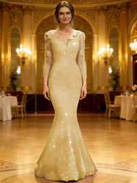 Trumpet/Mermaid V-Neck Illusion Sleeves Sequined Long Evening Dresses with Lace Appliques