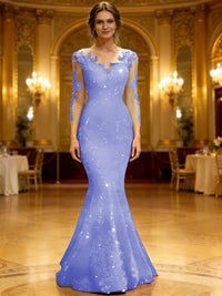 Trumpet/Mermaid V-Neck Illusion Sleeves Sequined Long Evening Dresses with Lace Appliques