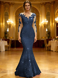 Trumpet/Mermaid V-Neck Illusion Sleeves Sequined Long Evening Dresses with Lace Appliques