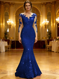 Trumpet/Mermaid V-Neck Illusion Sleeves Sequined Long Evening Dresses with Lace Appliques