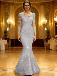 Trumpet/Mermaid V-Neck Illusion Sleeves Sequined Long Evening Dresses with Lace Appliques