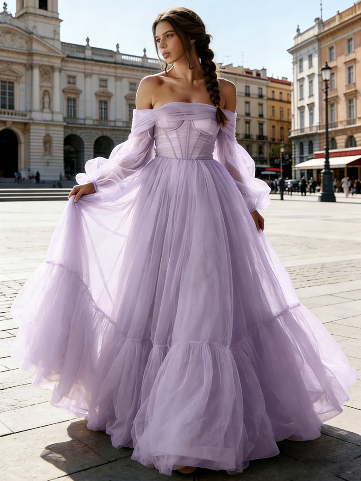 A-Line/Princess Sweetheart Long Sleeves Tiered Tulle Floor-Length Prom  Dress with Bow