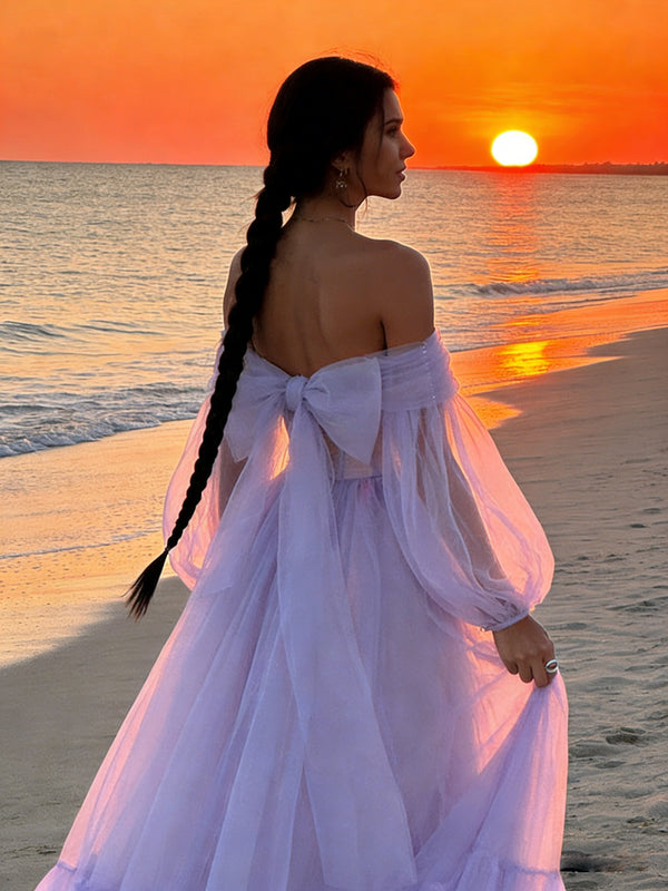 A-Line/Princess Sweetheart Long Sleeves Tiered Tulle Floor-Length Prom Dress with Bow