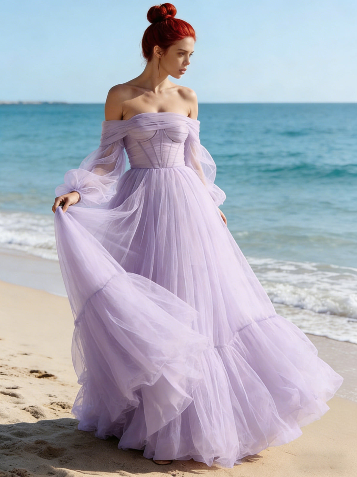 2026 Lilac Prom Dresses with Bow A-Line Sweetheart Off-the-Shoulder Long Sleeves Tiered Tulle Floor-Length Elegant Evening Party Gowns 2026 Lilac Prom Dresses with Bow A-Line Sweetheart Off-the-Shoulder Long Sleeves Tiered Tulle Floor-Length Elegant Evening Party Gowns