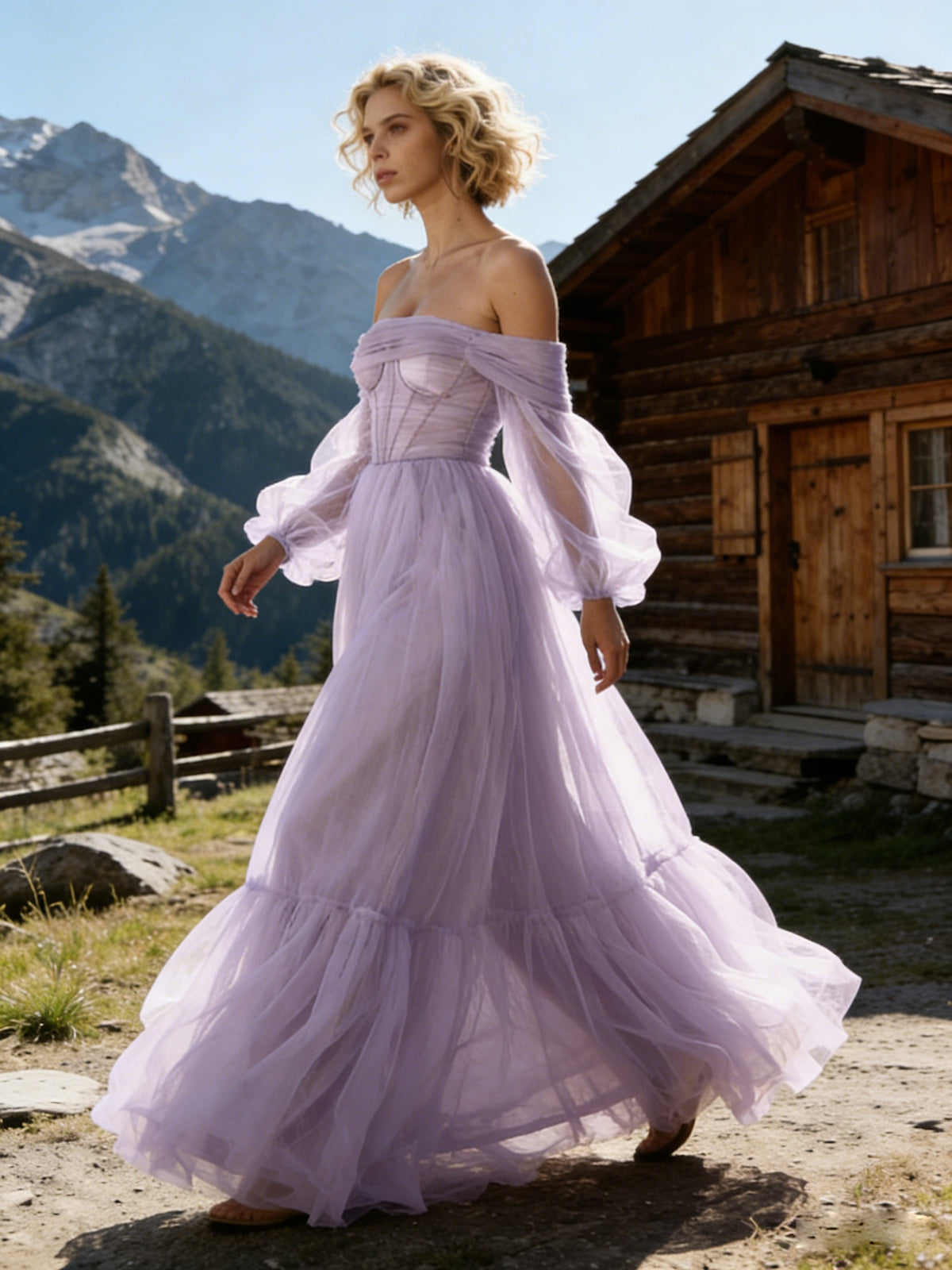 2026 Lilac Prom Dresses with Bow A-Line Sweetheart Off-the-Shoulder Long Sleeves Tiered Tulle Floor-Length Elegant Evening Party Gowns