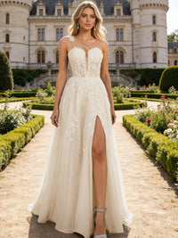A-Line/Princess One Shoulder Illusion Tulle Lace Appliques Prom Dresses with Front Split