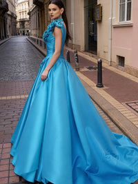 A-Line/Princess One Shoulder High Split Pleated Satin Prom Dresses with Flowers