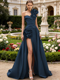 A-Line/Princess One Shoulder High Split Pleated Satin Prom Dresses with Flowers