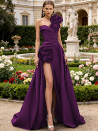 A-Line/Princess One Shoulder High Split Pleated Satin Prom Dresses with Flowers