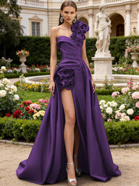 A-Line/Princess One Shoulder High Split Pleated Satin Prom Dresses with Flowers