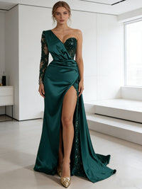 Sheath/Column One Shoulder Pleated Lace Appliques Satin Evening Dresses with High Split