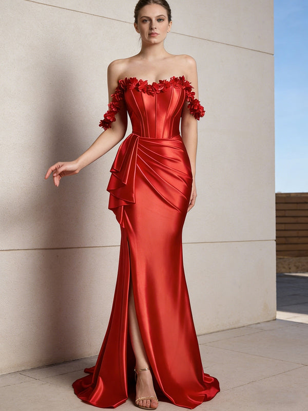 Sheath/Column Off Shoulder Ruffle Silk Like Satin Formal Dresses with Front Split & Flowers