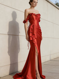 Sheath/Column Off Shoulder Ruffle Silk Like Satin Formal Dresses with Front Split & Flowers