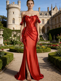 Sheath/Column Off Shoulder Ruffle Silk Like Satin Formal Dresses with Front Split & Flowers