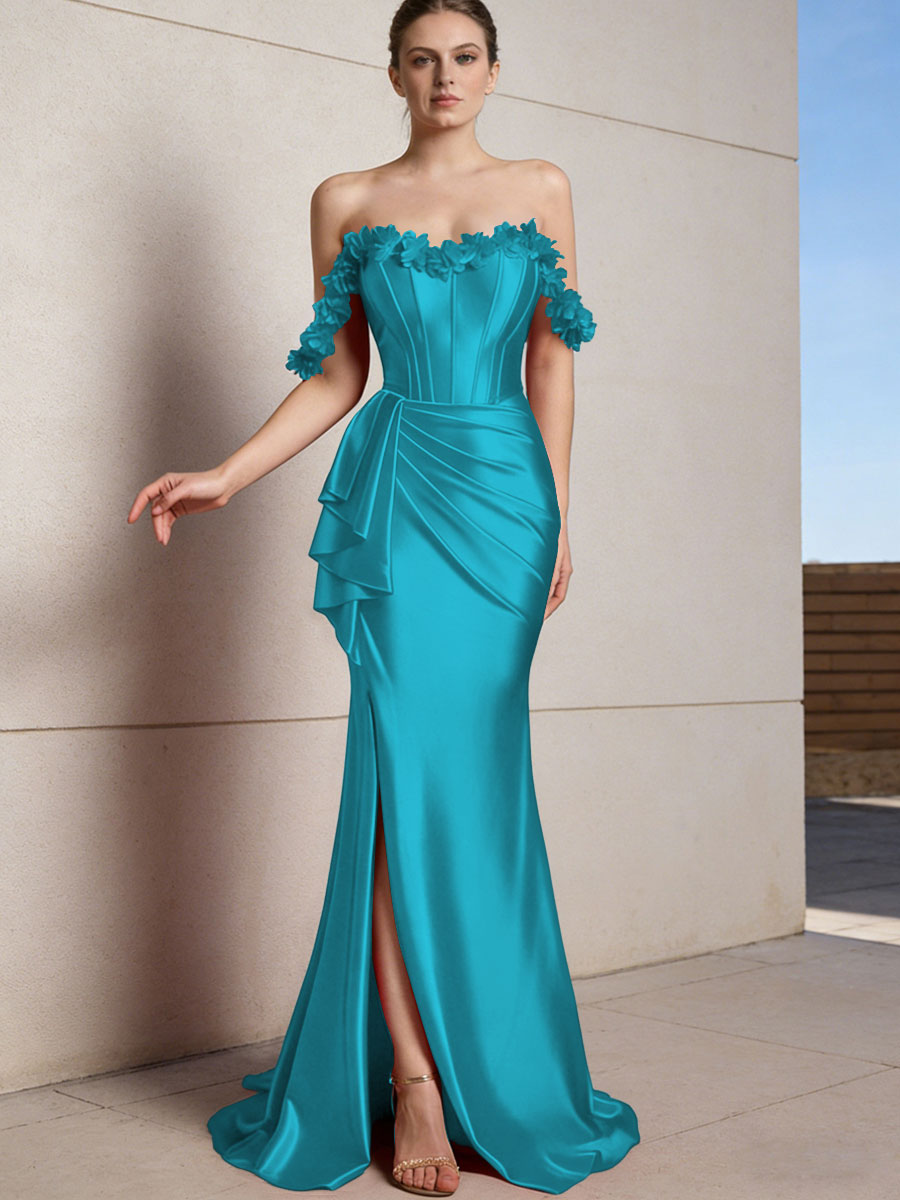 Sheath/Column Off Shoulder Ruffle Silk Like Satin Formal Dresses with Front Split & Flowers