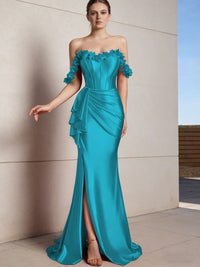 Sheath/Column Off Shoulder Ruffle Silk Like Satin Formal Dresses with Front Split & Flowers