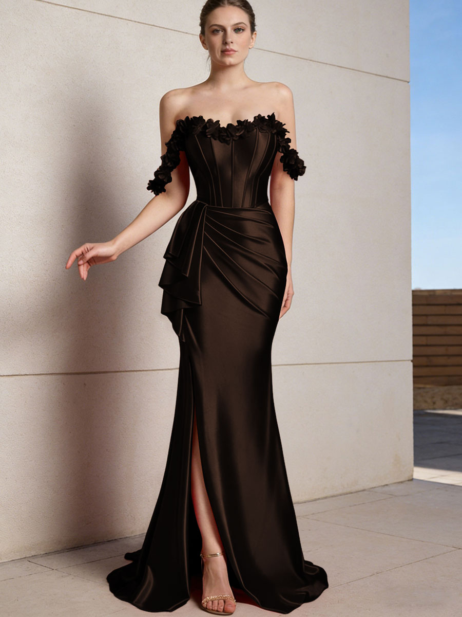 Sheath/Column Off Shoulder Ruffle Silk Like Satin Formal Dresses with Front Split & Flowers