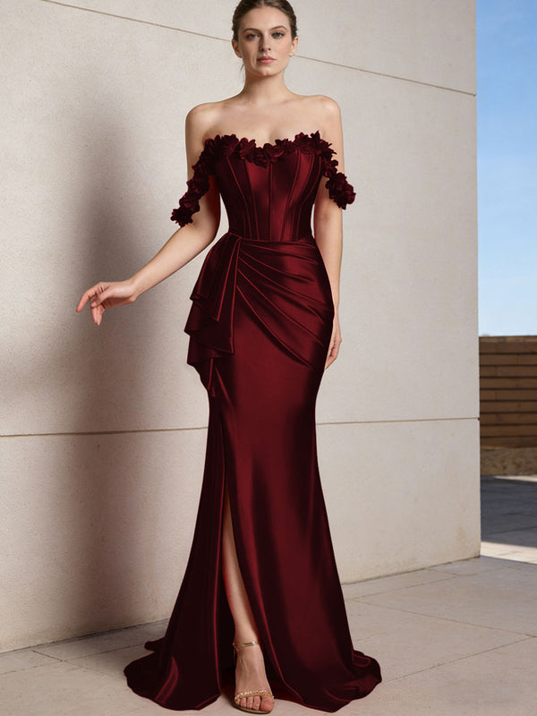 Sheath/Column Off Shoulder Ruffle Silk Like Satin Formal Dresses with Front Split & Flowers
