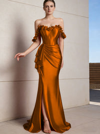Sheath/Column Off Shoulder Ruffle Silk Like Satin Formal Dresses with Front Split & Flowers