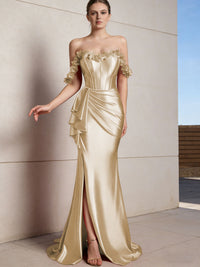 Sheath/Column Off Shoulder Ruffle Silk Like Satin Formal Dresses with Front Split & Flowers