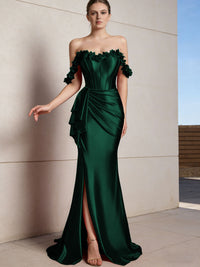 Sheath/Column Off Shoulder Ruffle Silk Like Satin Formal Dresses with Front Split & Flowers