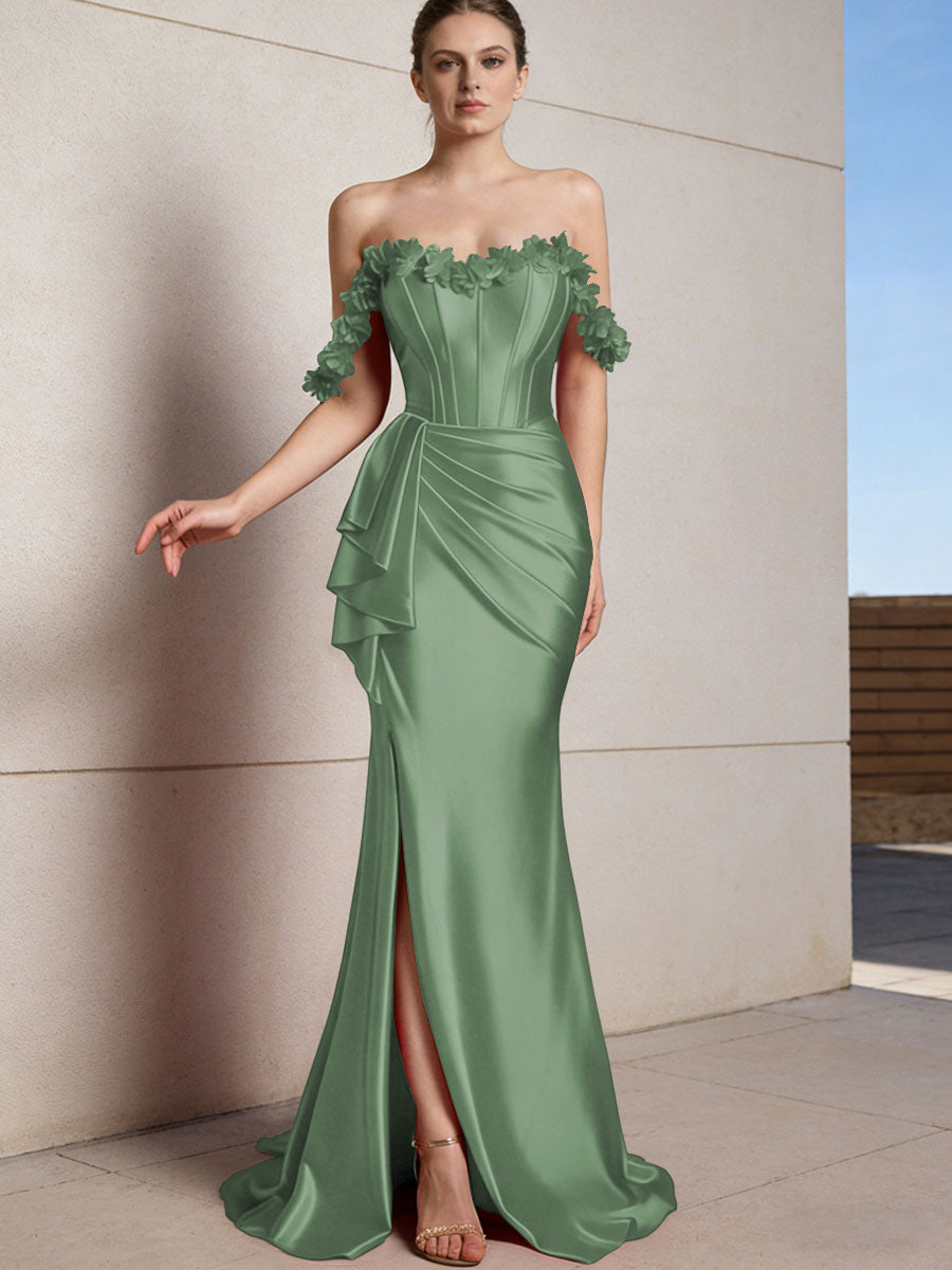 Sheath/Column Off Shoulder Ruffle Silk Like Satin Formal Dresses with Front Split & Flowers