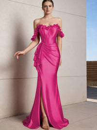 Sheath/Column Off Shoulder Ruffle Silk Like Satin Formal Dresses with Front Split & Flowers