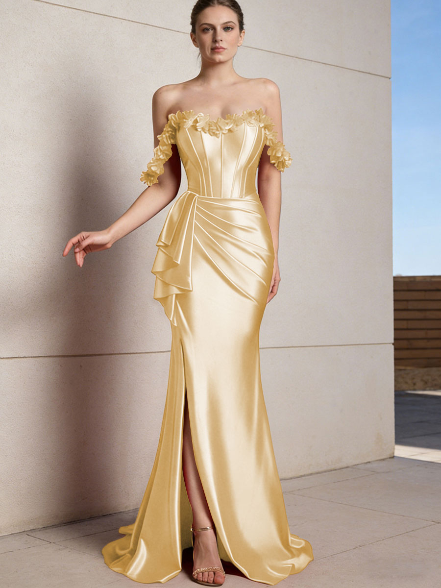 Sheath/Column Off Shoulder Ruffle Silk Like Satin Formal Dresses with Front Split & Flowers