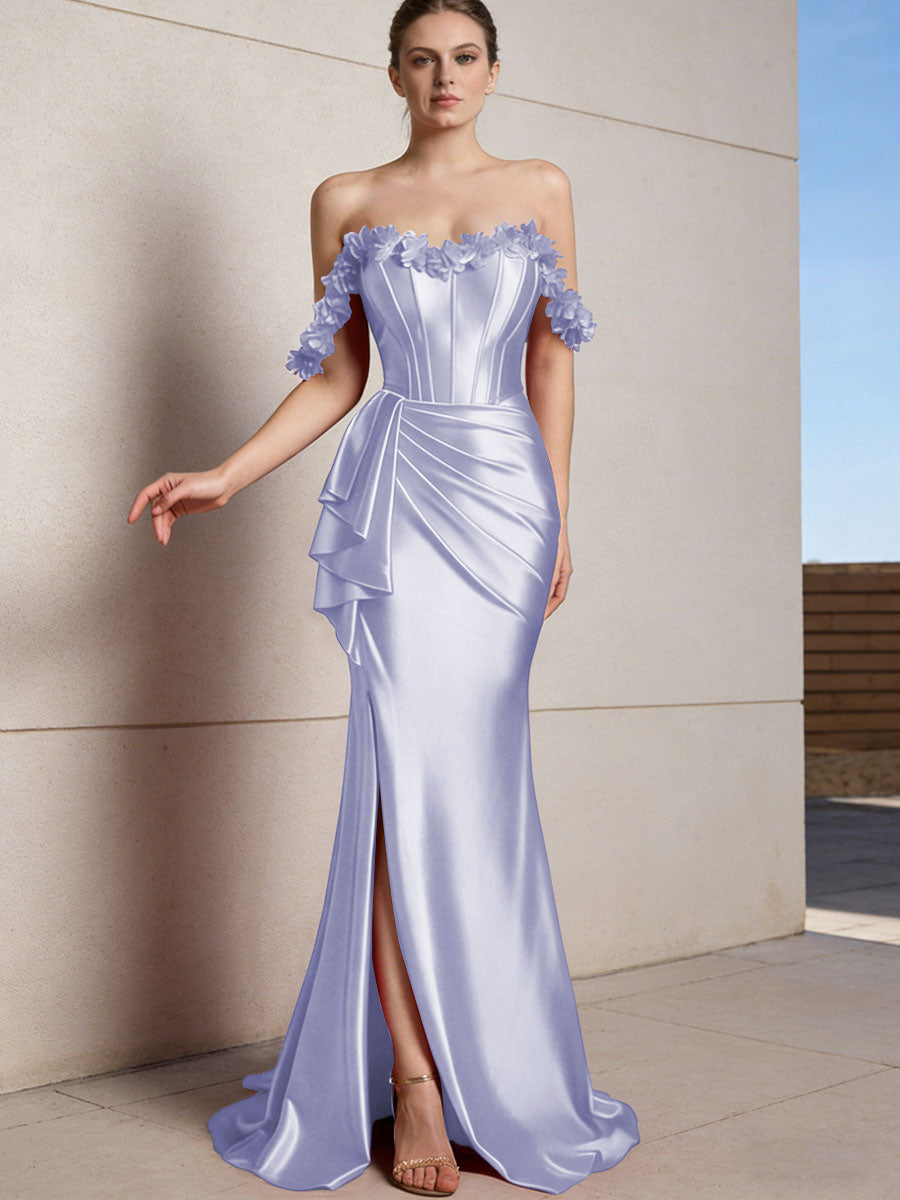 Sheath/Column Off Shoulder Ruffle Silk Like Satin Formal Dresses with Front Split & Flowers