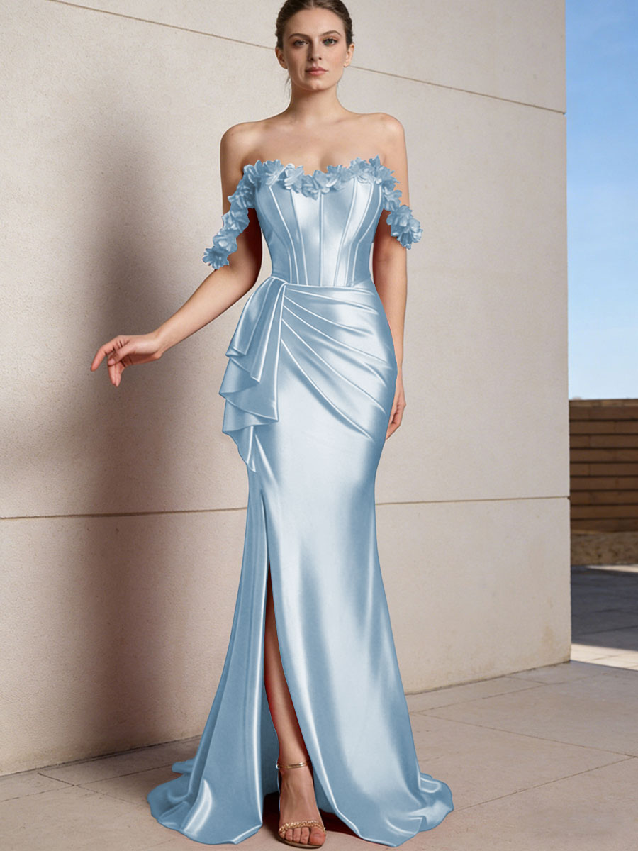 Sheath/Column Off Shoulder Ruffle Silk Like Satin Formal Dresses with Front Split & Flowers