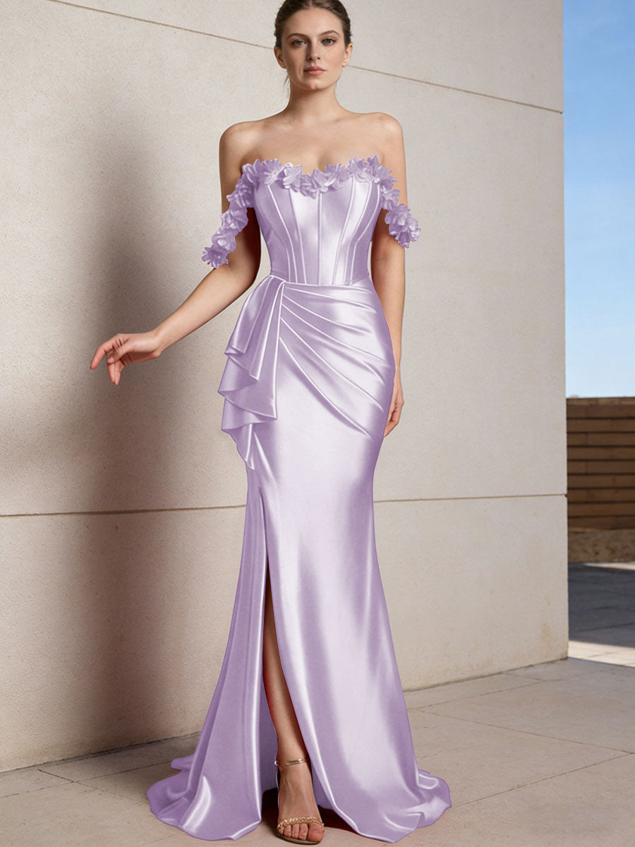 Sheath/Column Off Shoulder Ruffle Silk Like Satin Formal Dresses with Front Split & Flowers