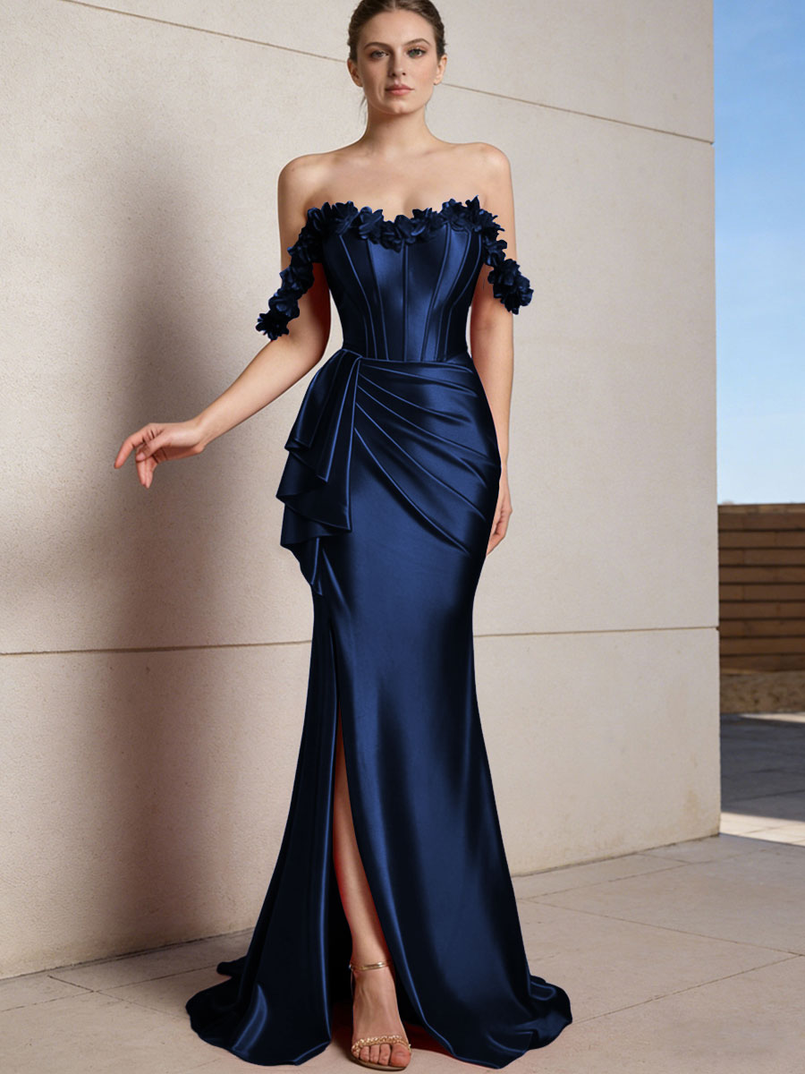 Sheath/Column Off Shoulder Ruffle Silk Like Satin Formal Dresses with Front Split & Flowers