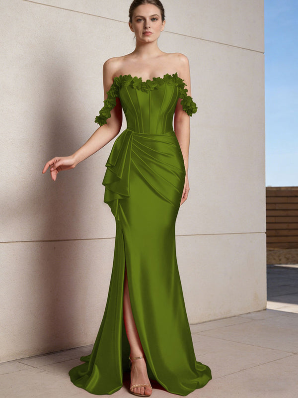 Sheath/Column Off Shoulder Ruffle Silk Like Satin Formal Dresses with Front Split & Flowers