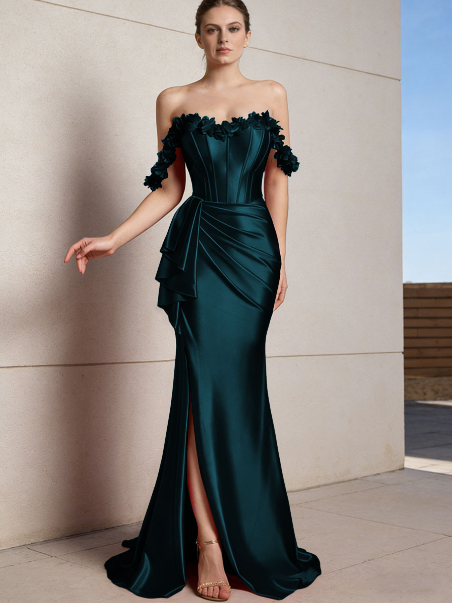 Sheath/Column Off Shoulder Ruffle Silk Like Satin Formal Dresses with Front Split & Flowers