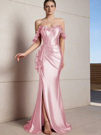 Sheath/Column Off Shoulder Ruffle Silk Like Satin Formal Dresses with Front Split & Flowers