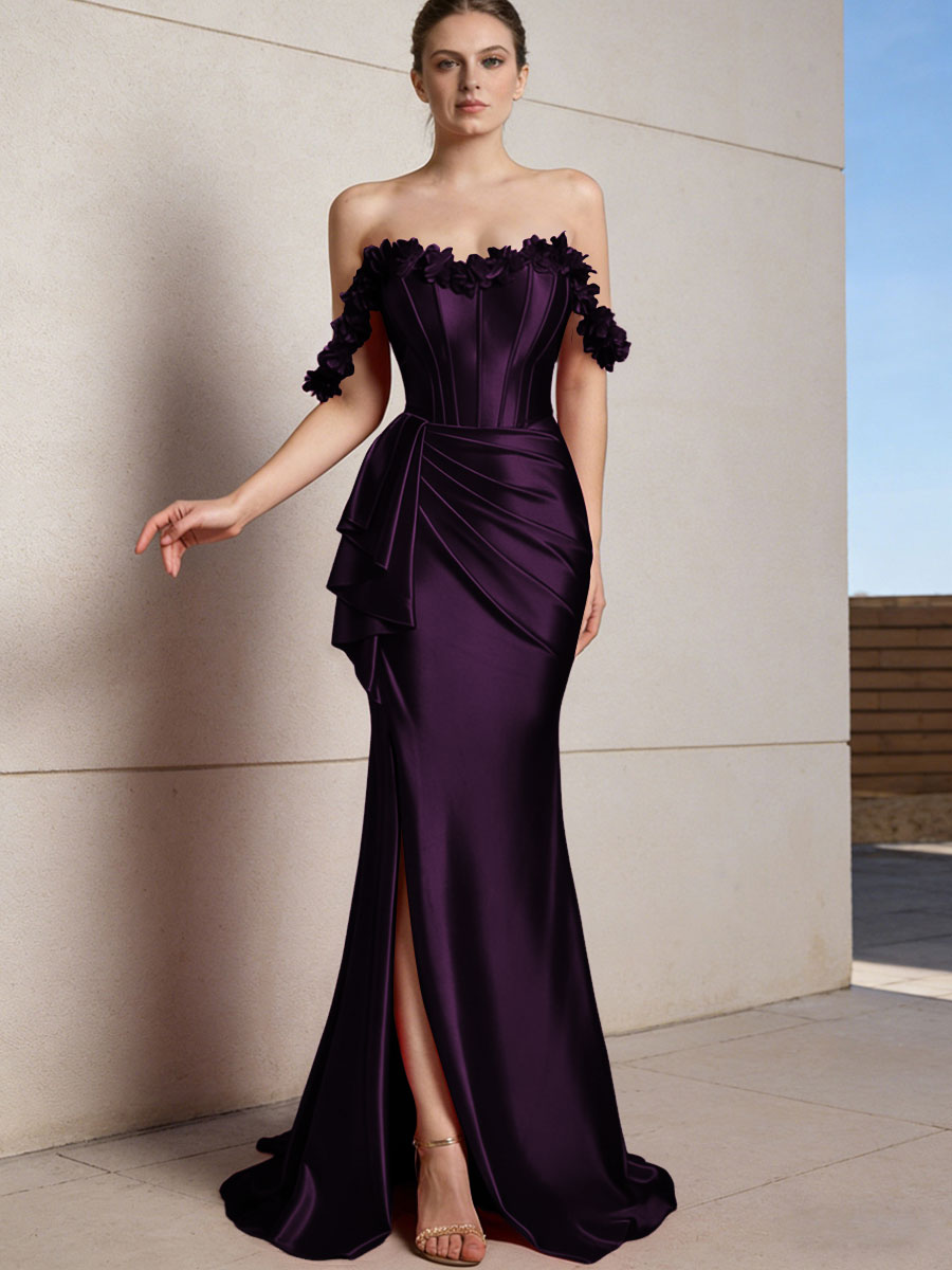 Sheath/Column Off Shoulder Ruffle Silk Like Satin Formal Dresses with Front Split & Flowers